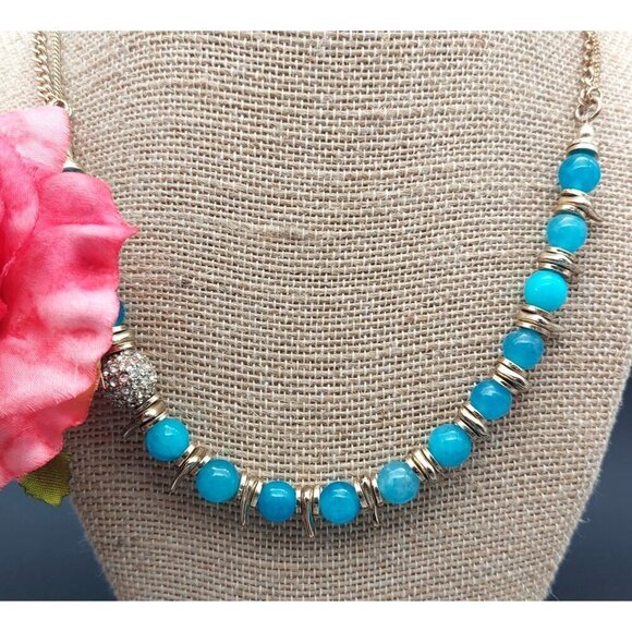 NWT Sequin Gold Tone & Blue Bead Collar Necklace Asymmetrical Paved Pendant 18" - Picture 3 of 10